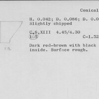 Index card with typed and handwritten information, sometimes including a sketch, of pottery from an excavation.