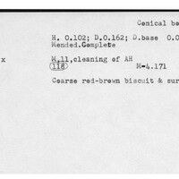 Index card with typed and handwritten information, sometimes including a sketch, of pottery from an excavation.