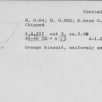 Index card with typed and handwritten information, sometimes including a sketch, of pottery from an excavation.