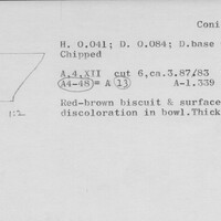Index card with typed and handwritten information, sometimes including a sketch, of pottery from an excavation.