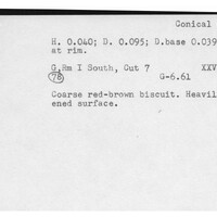 Index card with typed and handwritten information, sometimes including a sketch, of pottery from an excavation.