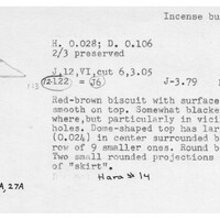 Index card with typed and handwritten information, sometimes including a sketch, of pottery from an excavation.