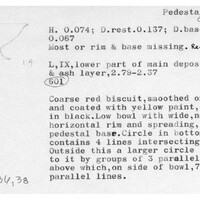 Index card with typed and handwritten information, sometimes including a sketch, of pottery from an excavation.