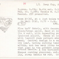 Index card with typed and handwritten information, sometimes including a sketch, of pottery from an excavation.