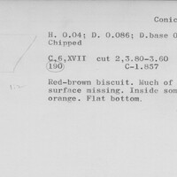 Index card with typed and handwritten information, sometimes including a sketch, of pottery from an excavation.