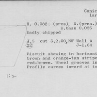 Index card with typed and handwritten information, sometimes including a sketch, of pottery from an excavation.