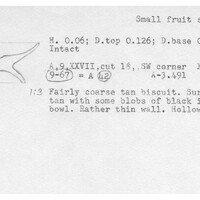 Index card with typed and handwritten information, sometimes including a sketch, of pottery from an excavation.