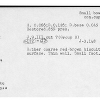 Index card with typed and handwritten information, sometimes including a sketch, of pottery from an excavation.