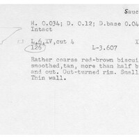 Index card with typed and handwritten information, sometimes including a sketch, of pottery from an excavation.