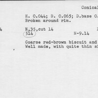 Index card with typed and handwritten information, sometimes including a sketch, of pottery from an excavation.