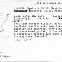 Index card with typed and handwritten information, sometimes including a sketch, of pottery from an excavation.