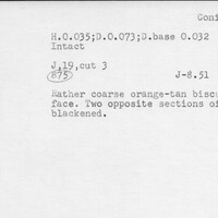 Index card with typed and handwritten information, sometimes including a sketch, of pottery from an excavation.