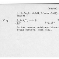 Index card with typed and handwritten information, sometimes including a sketch, of pottery from an excavation.