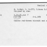 Index card with typed and handwritten information, sometimes including a sketch, of pottery from an excavation.