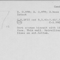 Index card with typed and handwritten information, sometimes including a sketch, of pottery from an excavation.