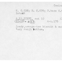 Index card with typed and handwritten information, sometimes including a sketch, of pottery from an excavation.