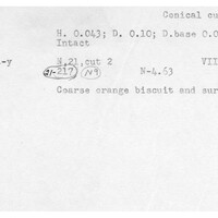 Index card with typed and handwritten information, sometimes including a sketch, of pottery from an excavation.