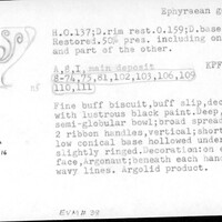 Index card with typed and handwritten information, sometimes including a sketch, of pottery from an excavation.
