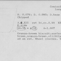Index card with typed and handwritten information, sometimes including a sketch, of pottery from an excavation.