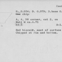 Index card with typed and handwritten information, sometimes including a sketch, of pottery from an excavation.