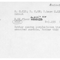 Index card with typed and handwritten information, sometimes including a sketch, of pottery from an excavation.