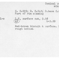 Index card with typed and handwritten information, sometimes including a sketch, of pottery from an excavation.