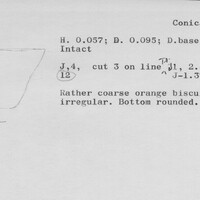 Index card with typed and handwritten information, sometimes including a sketch, of pottery from an excavation.