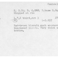 Index card with typed and handwritten information, sometimes including a sketch, of pottery from an excavation.