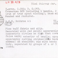 Index card with typed and handwritten information, sometimes including a sketch, of pottery from an excavation.