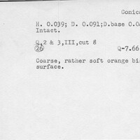 Index card with typed and handwritten information, sometimes including a sketch, of pottery from an excavation.