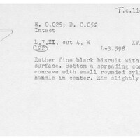 Index card with typed and handwritten information, sometimes including a sketch, of pottery from an excavation.