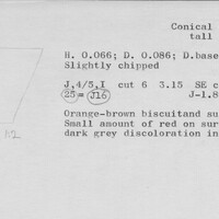 Index card with typed and handwritten information, sometimes including a sketch, of pottery from an excavation.