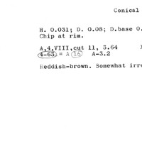 Index card with typed and handwritten information, sometimes including a sketch, of pottery from an excavation.