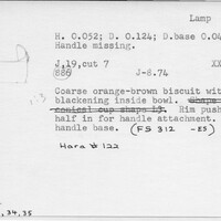 Index card with typed and handwritten information, sometimes including a sketch, of pottery from an excavation.