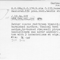 Index card with typed and handwritten information, sometimes including a sketch, of pottery from an excavation.