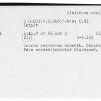 Index card with typed and handwritten information, sometimes including a sketch, of pottery from an excavation.
