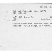 Index card with typed and handwritten information, sometimes including a sketch, of pottery from an excavation.