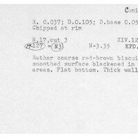 Index card with typed and handwritten information, sometimes including a sketch, of pottery from an excavation.