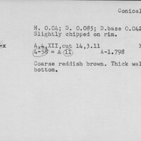 Index card with typed and handwritten information, sometimes including a sketch, of pottery from an excavation.