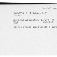 Index card with typed and handwritten information, sometimes including a sketch, of pottery from an excavation.