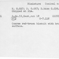 Index card with typed and handwritten information, sometimes including a sketch, of pottery from an excavation.