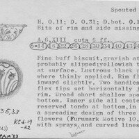 Index card with typed and handwritten information, sometimes including a sketch, of pottery from an excavation.