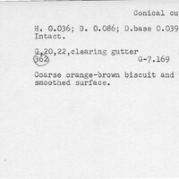 Index card with typed and handwritten information, sometimes including a sketch, of pottery from an excavation.