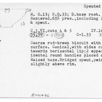 Index card with typed and handwritten information, sometimes including a sketch, of pottery from an excavation.
