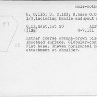 Index card with typed and handwritten information, sometimes including a sketch, of pottery from an excavation.