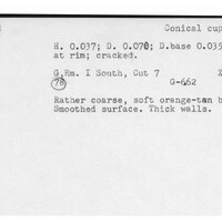 Index card with typed and handwritten information, sometimes including a sketch, of pottery from an excavation.
