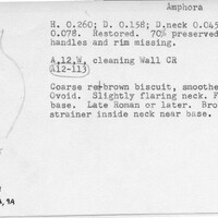 Index card with typed and handwritten information, sometimes including a sketch, of pottery from an excavation.