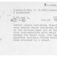 Index card with typed and handwritten information, sometimes including a sketch, of pottery from an excavation.