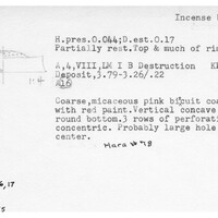 Index card with typed and handwritten information, sometimes including a sketch, of pottery from an excavation.
