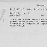 Index card with typed and handwritten information, sometimes including a sketch, of pottery from an excavation.